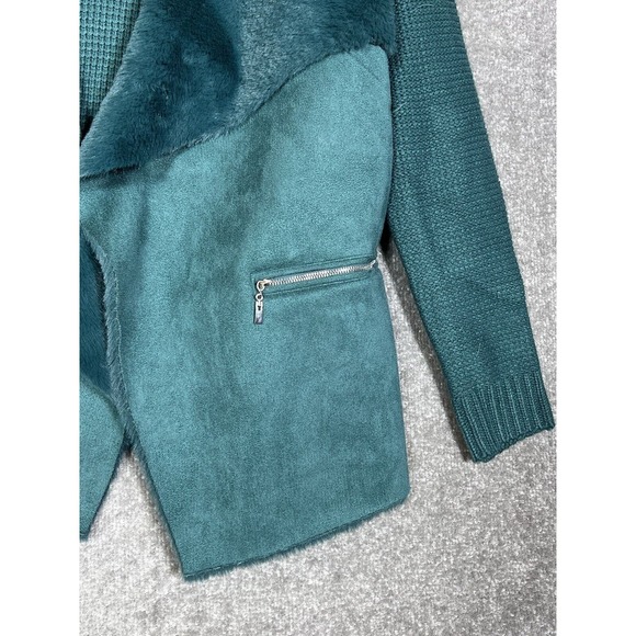 Twelfth Love Faux Suede Knit Faux Fur Open Front Jacket Womens Size‎ Small Teal - Picture 5 of 8